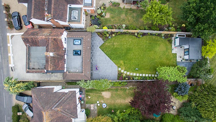 View from drone looking down on the completed garden revamp project